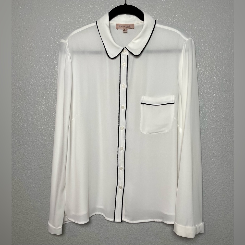 Philosophy semi-sheer white long sleeved blouse with pocket & black piping XL